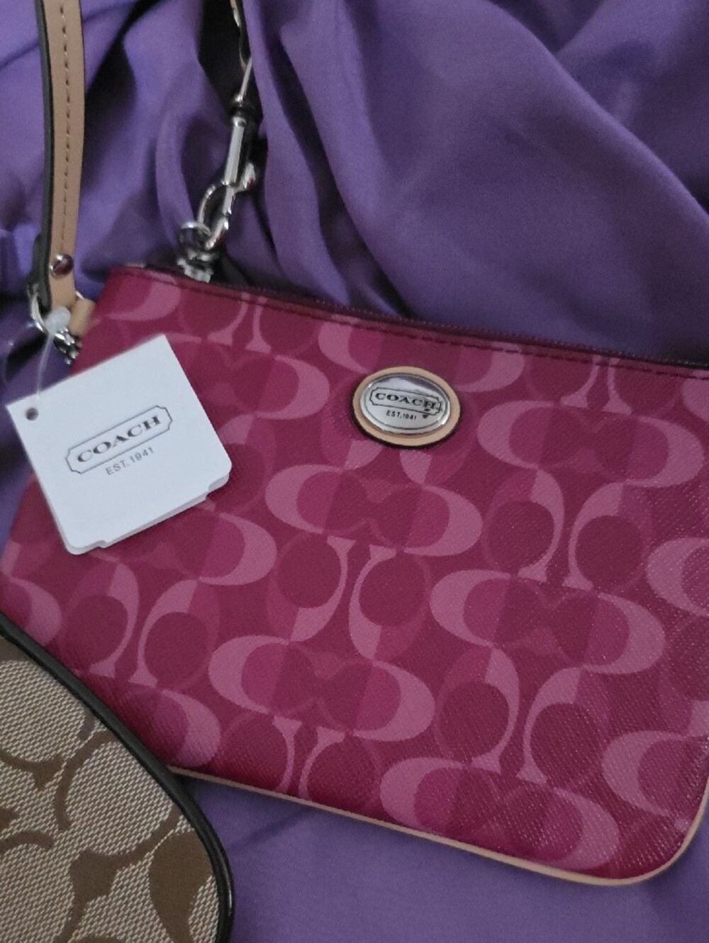 COACH Pink Signature Wristlet with Tan Signature Pouch - Picture 3 of 11